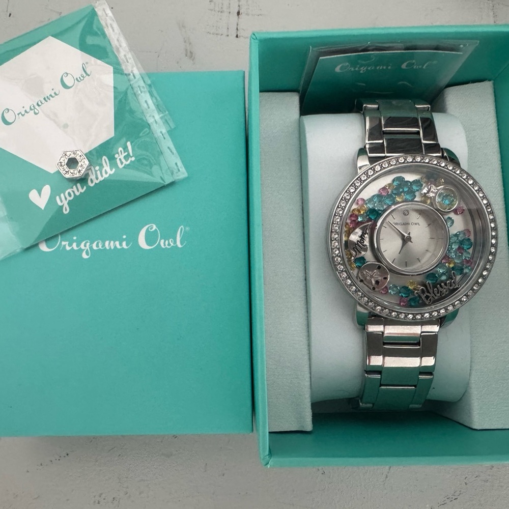 Never worn! Origami Owl Silver Watch with Colorful Accents